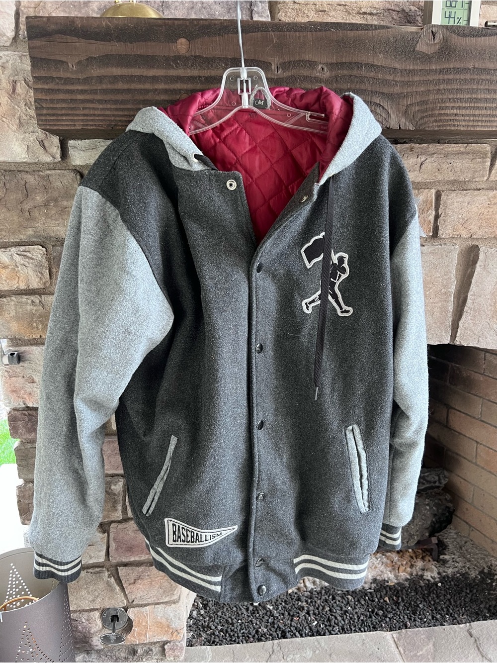 Gray Baseballism Hooded Varsity Jacket with Red Lining Medium - Picture 2 of 9